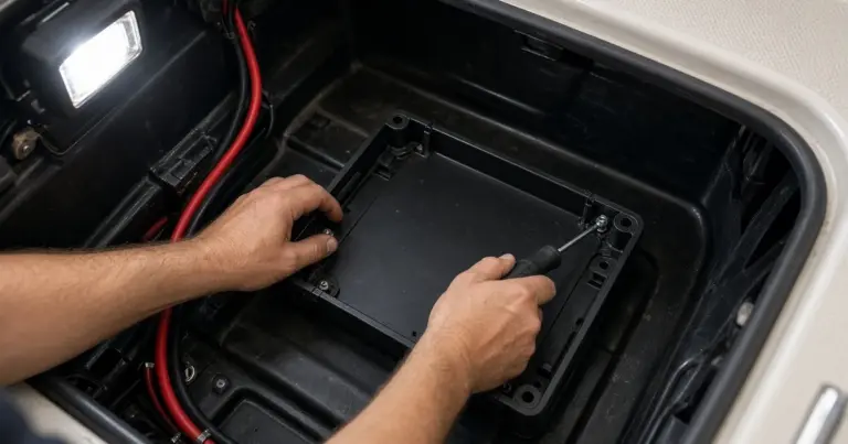 Hands fastening a battery tray in a new spot inside a boat compartment, with red cable routed in