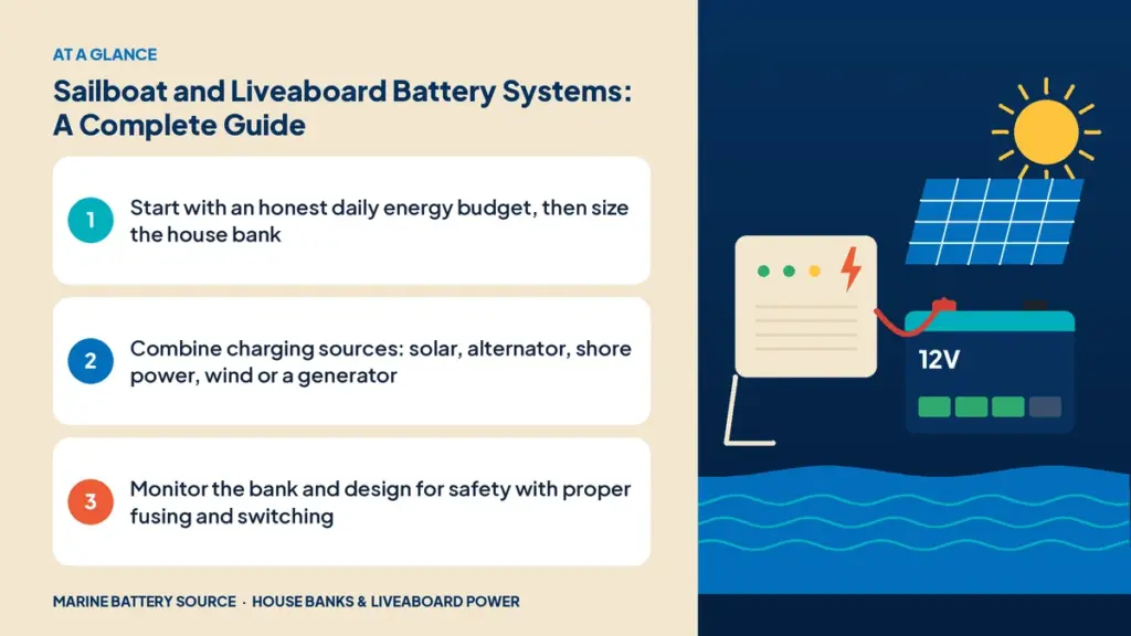 At-a-glance summary: Start with an honest daily energy budget, then size the house bank; Combine charging sources: solar, alternator, shore power, wind or a generator; Monitor the bank and design for safety with proper fusing and switching