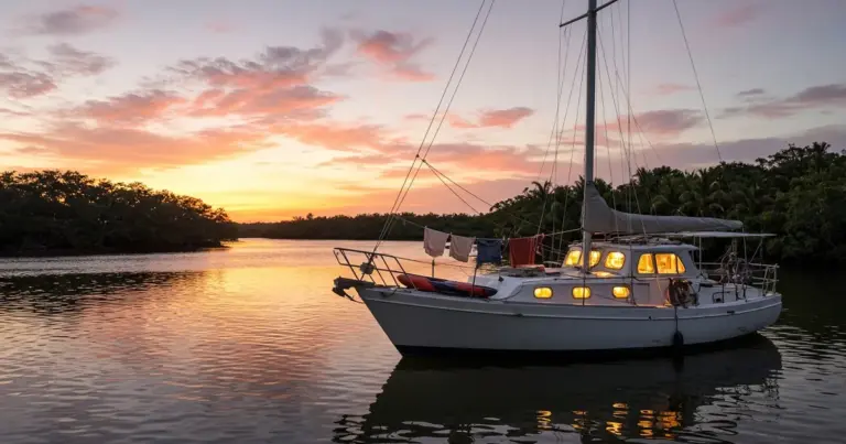 Sailboat with cabin lights on anchored in a calm cove at sunset