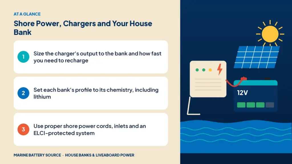 At-a-glance summary: Size the charger's output to the bank and how fast you need to recharge; Set each bank's profile to its chemistry, including lithium; Use proper shore power cords, inlets and an ELCI-protected system