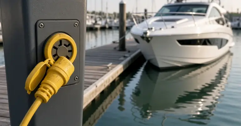 Yellow shore power cord plugged into a dock pedestal beside a motor yacht in its slip