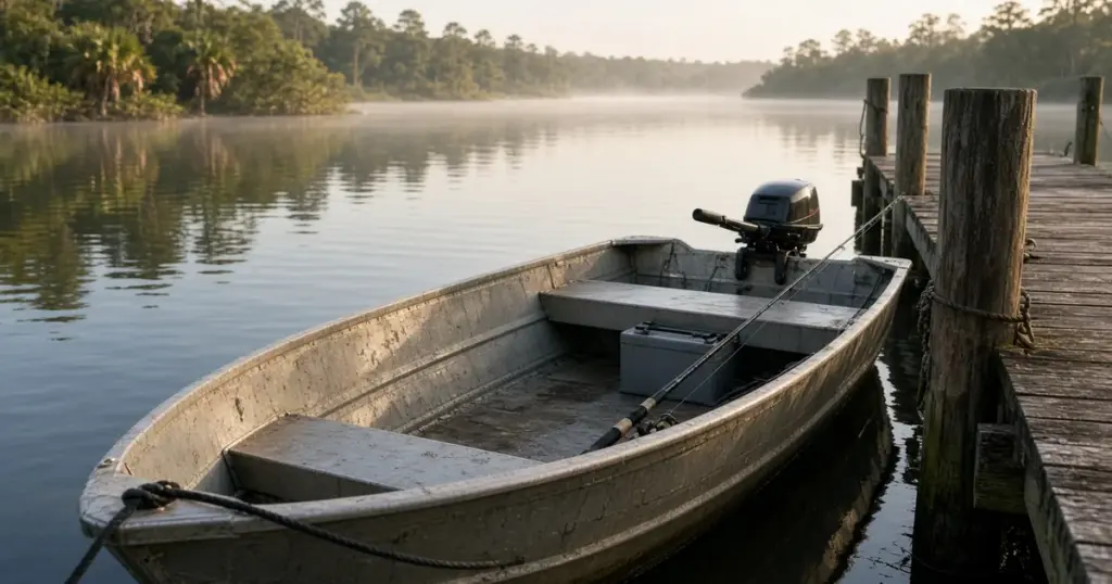 Small aluminum boat with a tiller outboard tied to a wooden dock on a misty river
