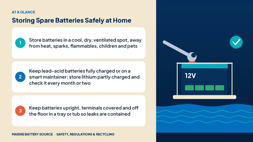 At-a-glance summary: Store batteries in a cool, dry, ventilated spot, away from heat, sparks, flammables, children and pets; Keep lead-acid batteries fully charged or on a smart maintainer; store lithium partly charged and check it every month or two; Keep batteries upright, terminals covered and off the floor in a tray or tub so leaks are contained