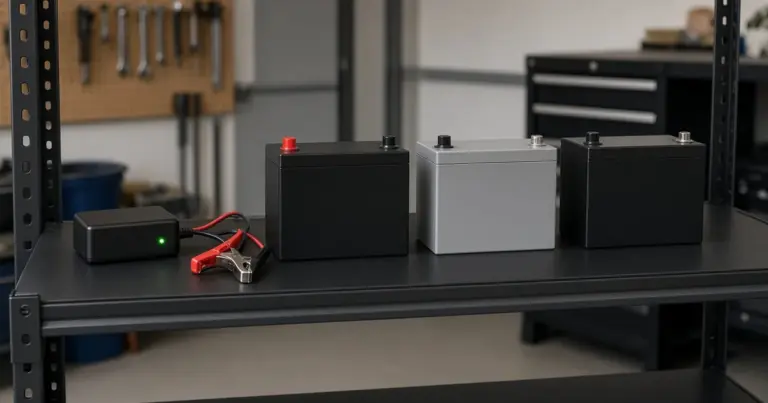 Spare batteries on a garage shelf with one connected to a maintainer