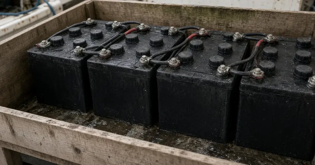 Row of deep-cycle flooded batteries wired in a wooden battery box