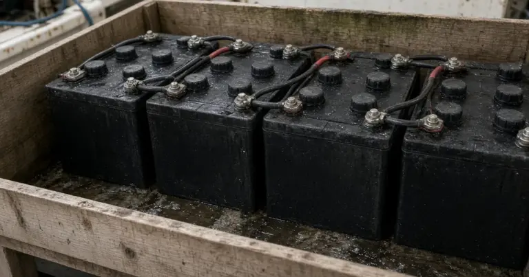 Row of deep-cycle flooded batteries wired in a wooden battery box