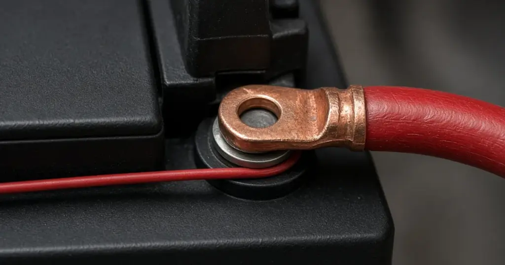 Close-up of a copper ring lug on red cable fastened to a battery terminal