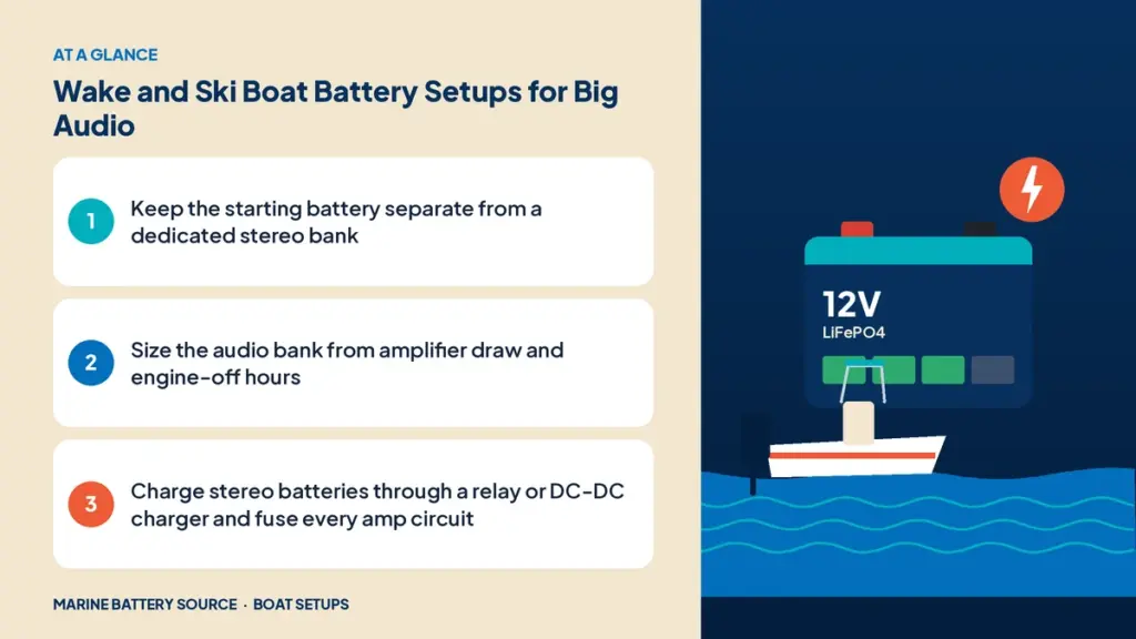 At-a-glance summary: Keep the starting battery separate from a dedicated stereo bank; Size the audio bank from amplifier draw and engine-off hours; Charge stereo batteries through a relay or DC-DC charger and fuse every amp circuit