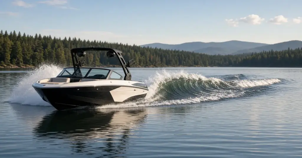 Wake boat with a tower throwing a large wake on a lake surrounded by hills