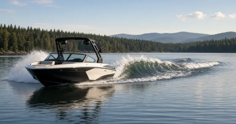 Wake boat with a tower throwing a large wake on a lake surrounded by hills