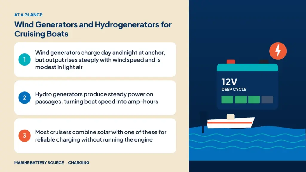 At-a-glance summary: Wind generators charge day and night at anchor, but output rises steeply with wind speed and is modest in light air; Hydro generators produce steady power on passages, turning boat speed into amp-hours; Most cruisers combine solar with one of these for reliable charging without running the engine
