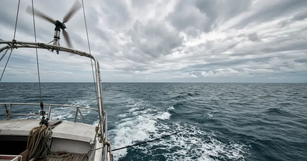 Wind generator on a stern pole above a cruising sailboat's wake on open ocean under clouds