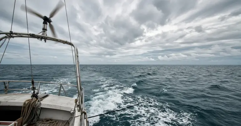 Wind generator on a stern pole above a cruising sailboat's wake on open ocean under clouds