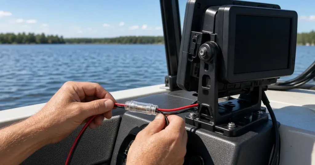Hands connecting a fused power lead to a fish finder on a boat console by a lake