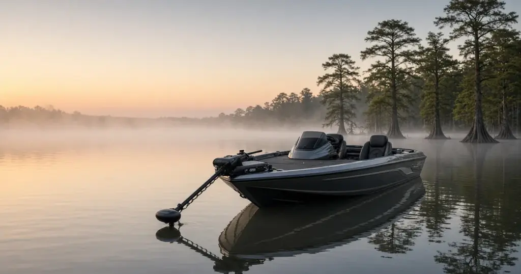 Bass boat with its bow trolling motor deployed on a misty lake at sunrise, cypress trees on shore