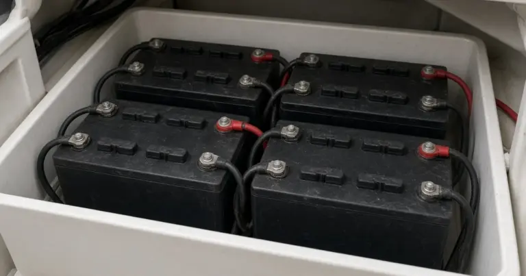 Four 6-volt deep-cycle batteries wired together in a white boat battery box