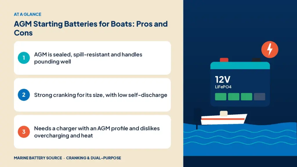 At-a-glance summary: AGM is sealed, spill-resistant and handles pounding well; Strong cranking for its size, with low self-discharge; Needs a charger with an AGM profile and dislikes overcharging and heat