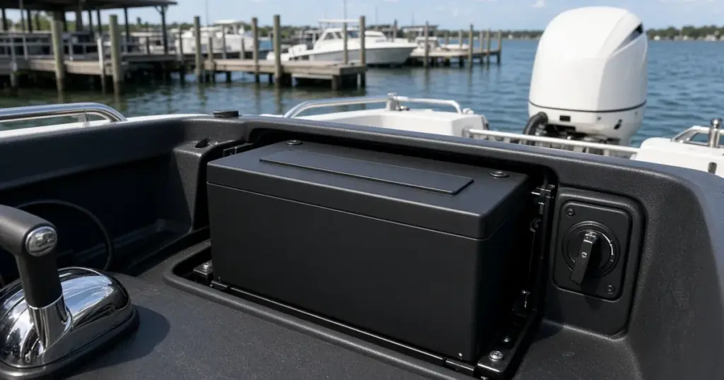 Sealed starting battery in the stern compartment of a boat docked at a marina, outboard engine behind