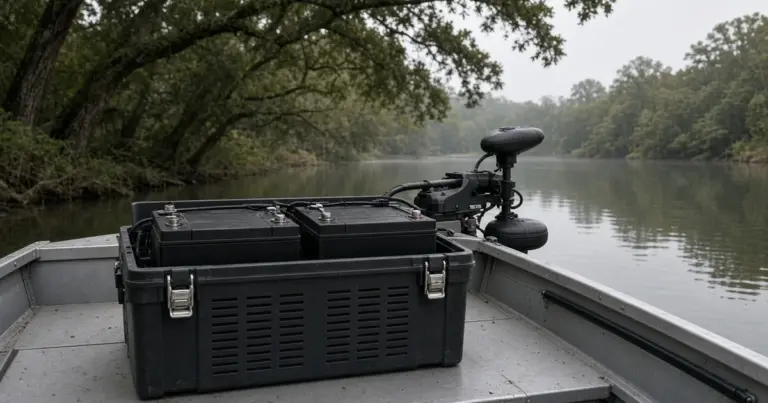Two sealed AGM batteries in a battery box on an aluminum fishing boat near a trolling motor, tree-lined lake behind