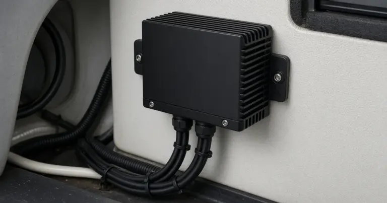 Finned onboard charger mounted inside a boat compartment with bundled leads