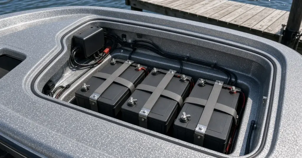 Three batteries strapped down in the rear compartment of a metal-flake bass boat beside a dock
