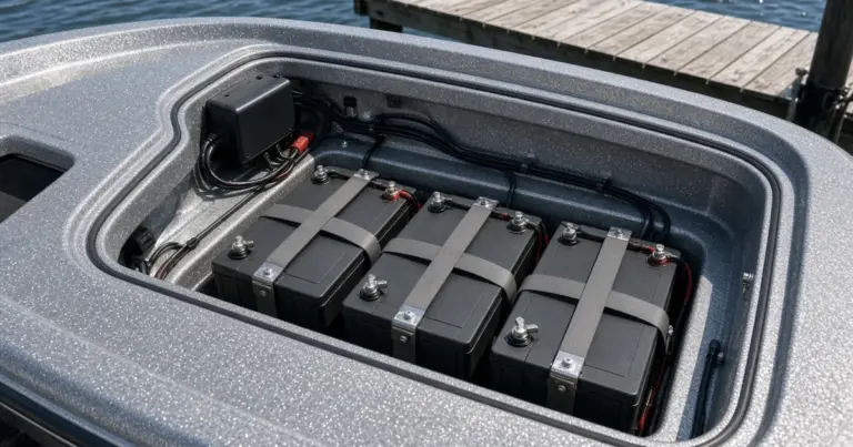 Three batteries strapped down in the rear compartment of a metal-flake bass boat beside a dock