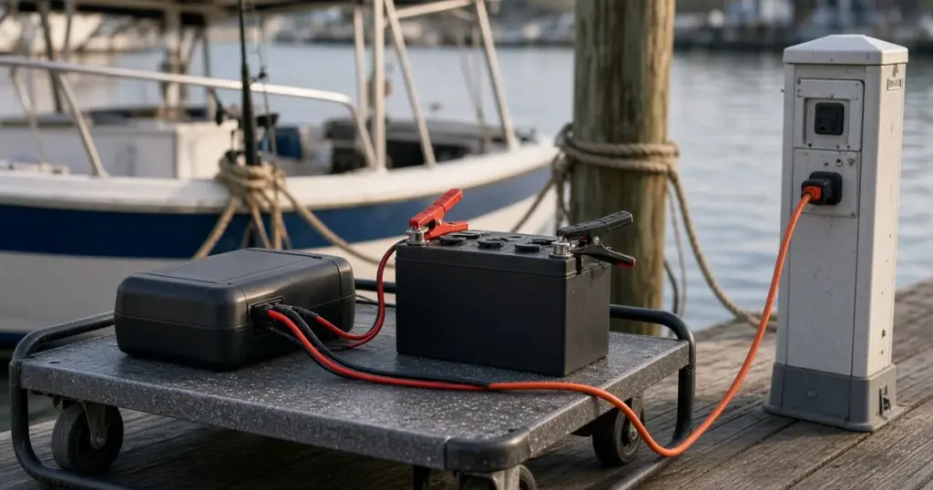 Portable battery charger on a dock cart connected to a marine battery, plugged into a shore power pedestal