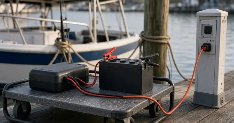 Portable battery charger on a dock cart connected to a marine battery, plugged into a shore power pedestal