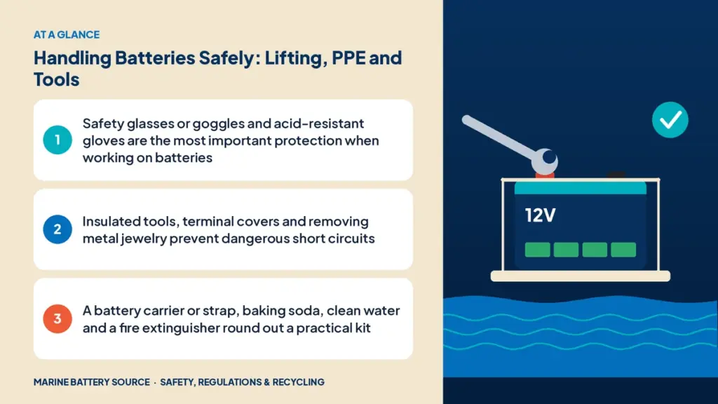 At-a-glance summary: Safety glasses or goggles and acid-resistant gloves are the most important protection when working on batteries; Insulated tools, terminal covers and removing metal jewelry prevent dangerous short circuits; A battery carrier or strap, baking soda, clean water and a fire extinguisher round out a practical kit