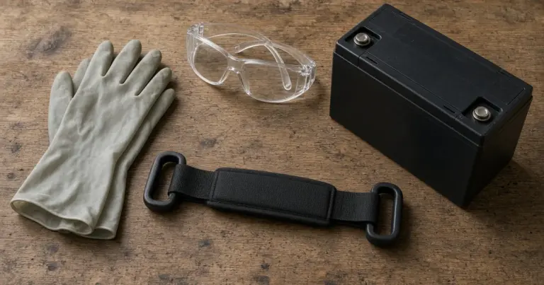 Work gloves, safety glasses and a battery carrying strap beside a battery on a bench