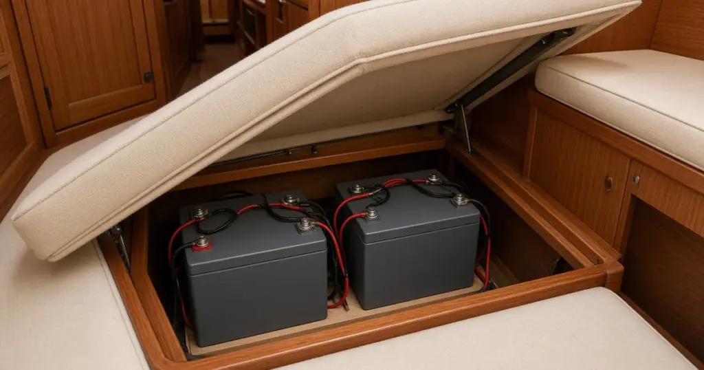 Two lithium batteries wired together under a lifted cushion in a cruising boat's wooden settee