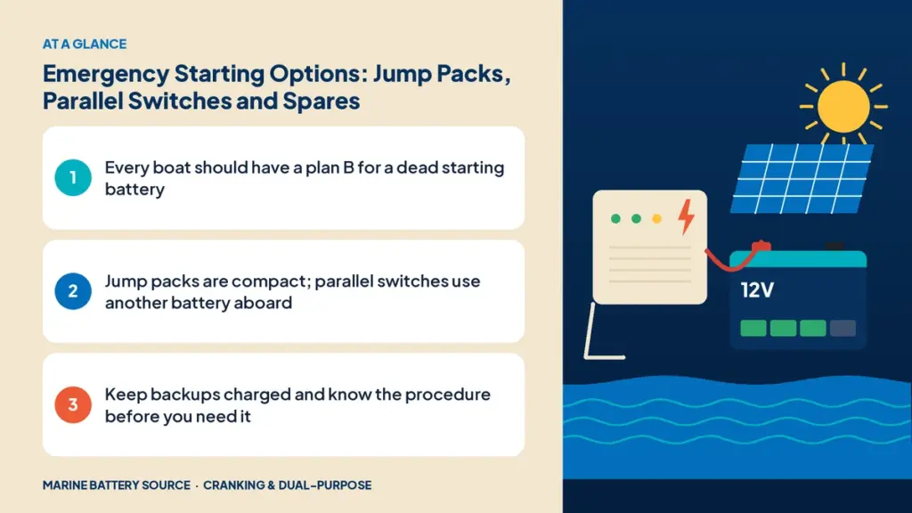 At-a-glance summary: Every boat should have a plan B for a dead starting battery; Jump packs are compact; parallel switches use another battery aboard; Keep backups charged and know the procedure before you need it