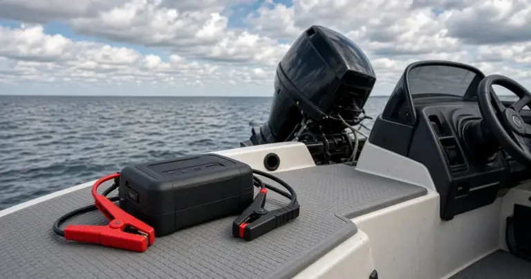 Portable jump starter with red and black clamps on the deck of a small boat beside its outboard engine