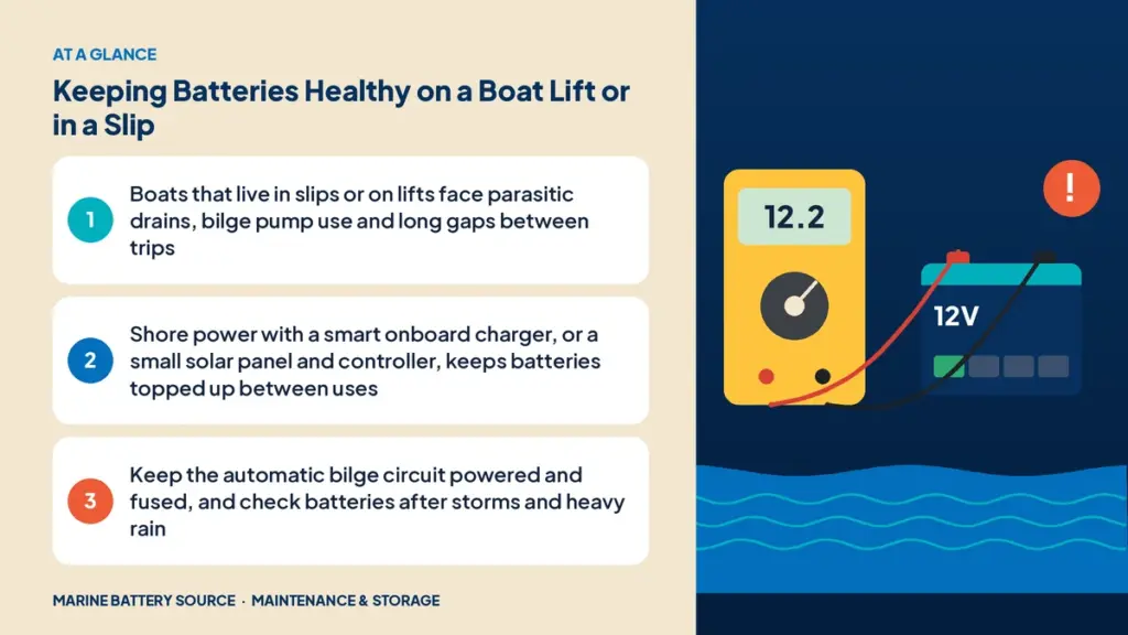 At-a-glance summary: Boats that live in slips or on lifts face parasitic drains, bilge pump use and long gaps between trips; Shore power with a smart onboard charger, or a small solar panel and controller, keeps batteries topped up between uses; Keep the automatic bilge circuit powered and fused, and check batteries after storms and heavy rain