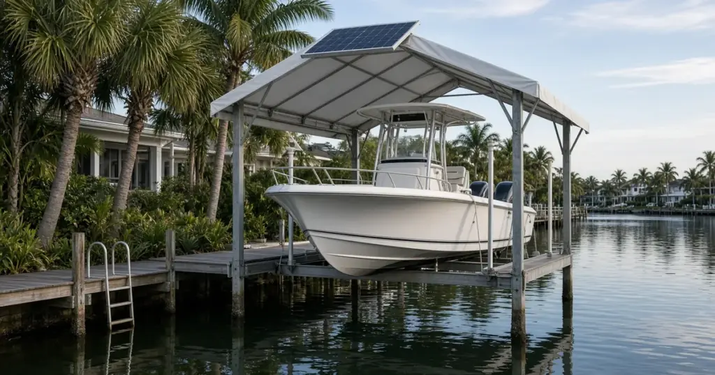 Center console on a covered boat lift with a solar panel on the roof, palm trees along the canal
