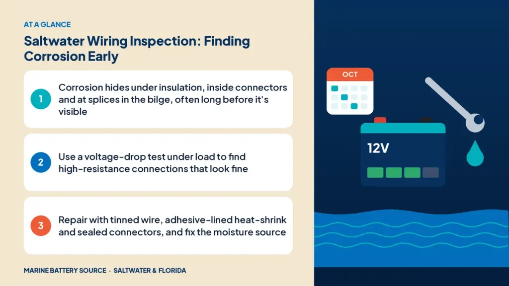 At-a-glance summary: Corrosion hides under insulation, inside connectors and at splices in the bilge, often long before it's visible; Use a voltage-drop test under load to find high-resistance connections that look fine; Repair with tinned wire, adhesive-lined heat-shrink and sealed connectors, and fix the moisture source