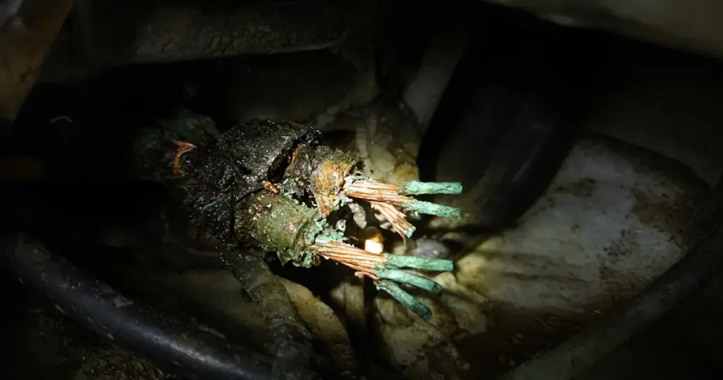 Flashlight beam on corroded green wire ends inside a dark bilge