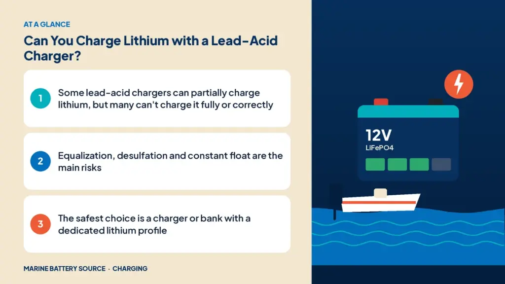 At-a-glance summary: Some lead-acid chargers can partially charge lithium, but many can't charge it fully or correctly; Equalization, desulfation and constant float are the main risks; The safest choice is a charger or bank with a dedicated lithium profile