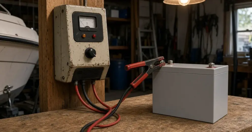 Vintage lead-acid battery charger with clamps connected to a modern lithium battery on a garage workbench