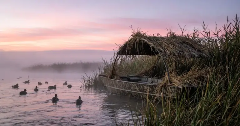Duck boat with a grass blind among reeds at dawn, decoys spread on the misty water