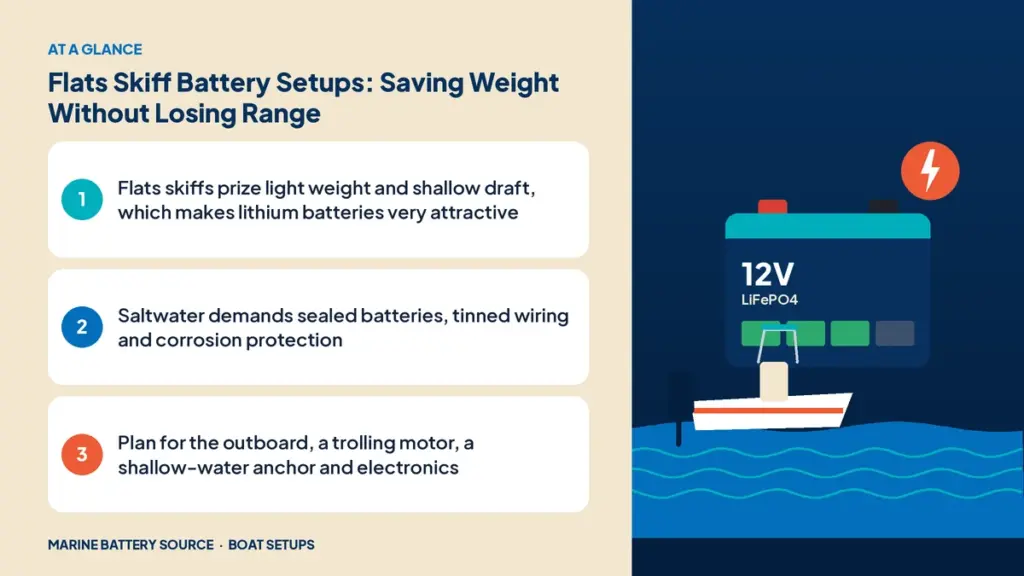 At-a-glance summary: Flats skiffs prize light weight and shallow draft, which makes lithium batteries very attractive; Saltwater demands sealed batteries, tinned wiring and corrosion protection; Plan for the outboard, a trolling motor, a shallow-water anchor and electronics