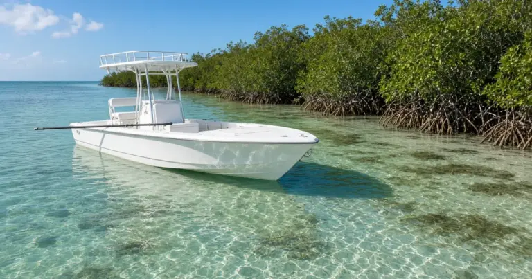 Flats skiff with a poling platform floating over clear shallow water beside mangroves