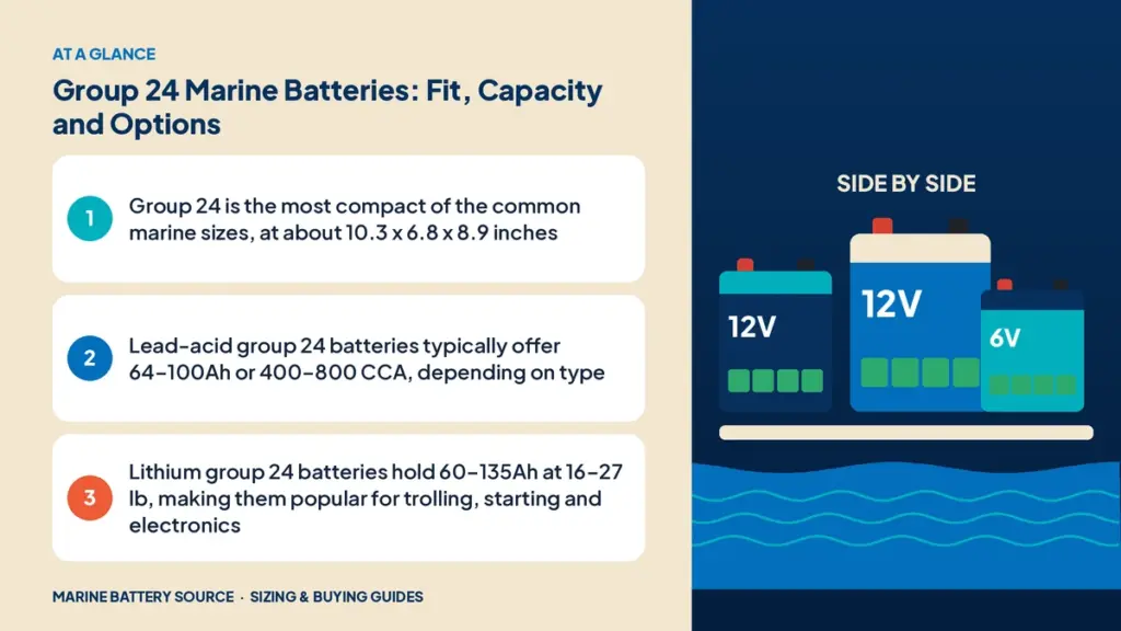 At-a-glance summary: Group 24 is the most compact of the common marine sizes, at about 10.3 x 6.8 x 8.9 inches; Lead-acid group 24 batteries typically offer 64–100Ah or 400–800 CCA, depending on type; Lithium group 24 batteries hold 60–135Ah at 16–27 lb, making them popular for trolling, starting and electronics