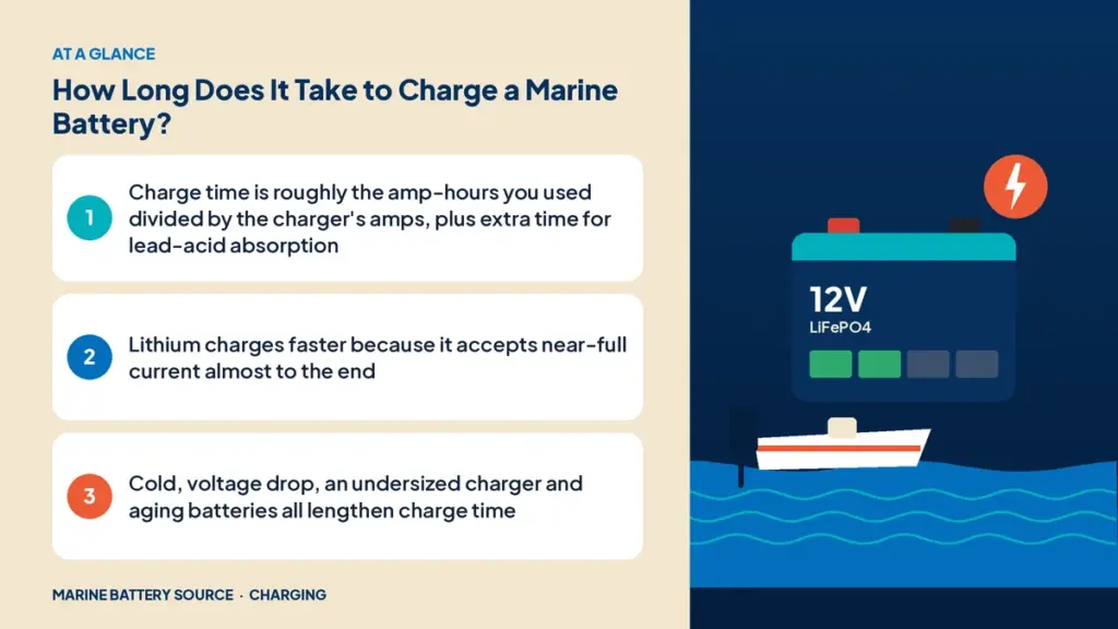 At-a-glance summary: Charge time is roughly the amp-hours you used divided by the charger's amps, plus extra time for lead-acid absorption; Lithium charges faster because it accepts near-full current almost to the end; Cold, voltage drop, an undersized charger and aging batteries all lengthen charge time