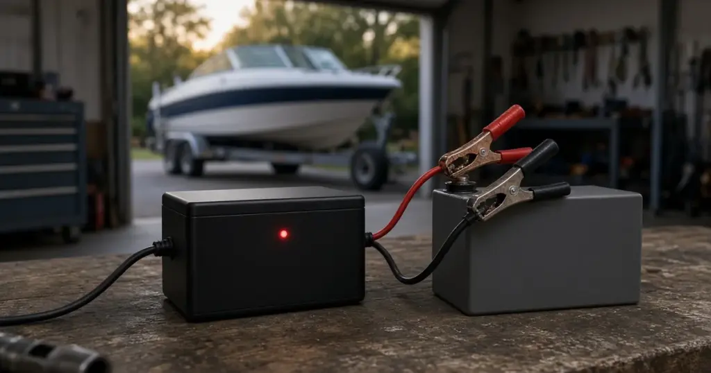 Battery charger with a red indicator light connected to a battery in a garage, boat on a trailer outside