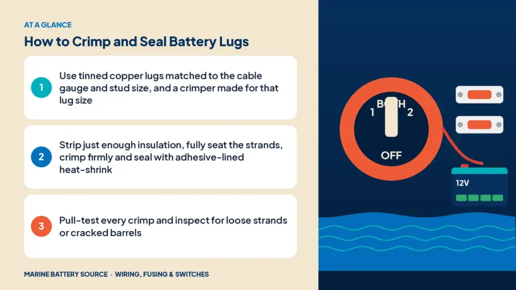 At-a-glance summary: Use tinned copper lugs matched to the cable gauge and stud size, and a crimper made for that lug size; Strip just enough insulation, fully seat the strands, crimp firmly and seal with adhesive-lined heat-shrink; Pull-test every crimp and inspect for loose strands or cracked barrels