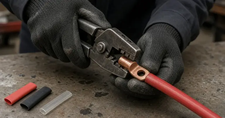 Gloved hands crimping a copper lug onto red battery cable, with heat-shrink tubing on the bench