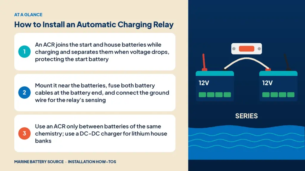 At-a-glance summary: An ACR joins the start and house batteries while charging and separates them when voltage drops, protecting the start battery; Mount it near the batteries, fuse both battery cables at the battery end, and connect the ground wire for the relay's sensing; Use an ACR only between batteries of the same chemistry; use a DC-DC charger for lithium house banks