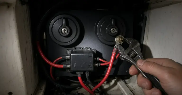 Hand tightening a cable on an automatic charging relay between two battery switches in a boat compartment