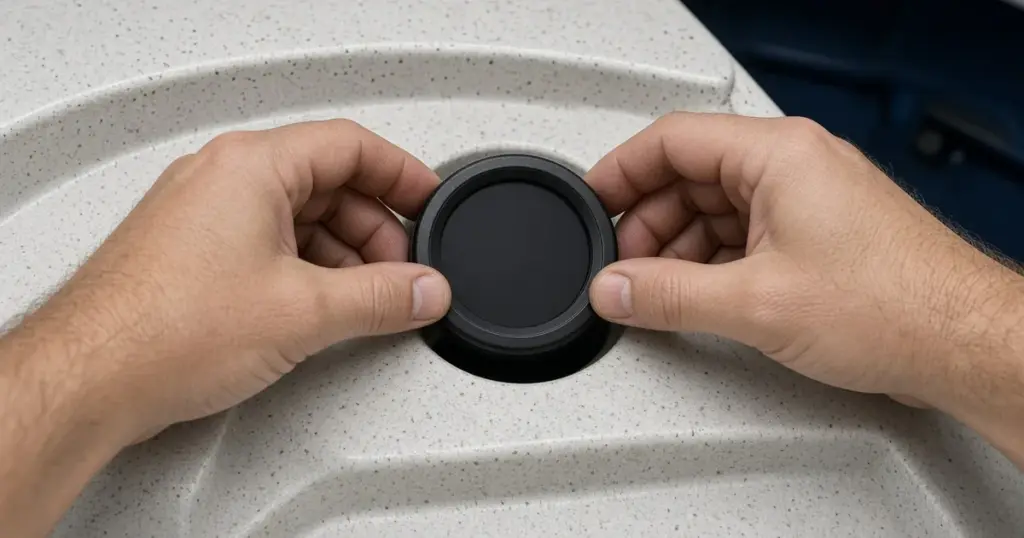 Hands pressing a round battery monitor display into a cutout on a boat console